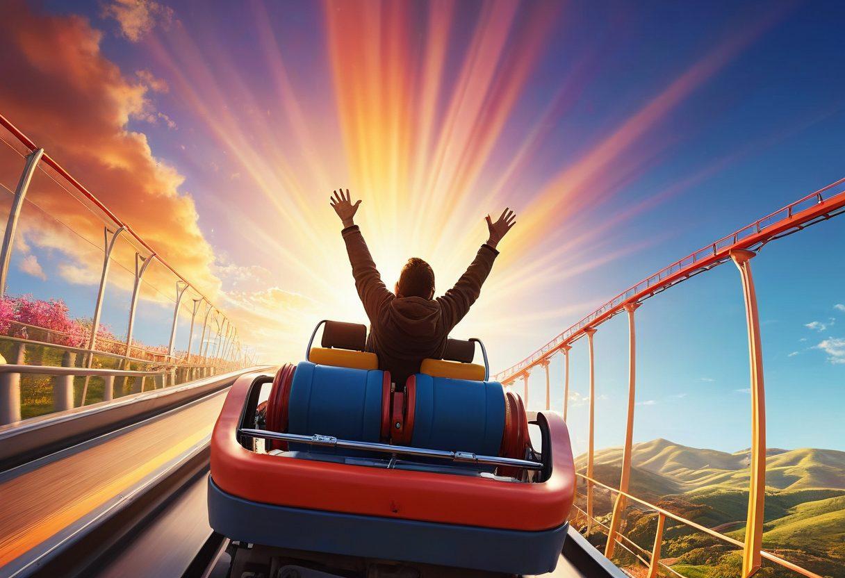 A joyful person riding a roller coaster, arms raised in exhilaration, with colorful shafts of light illuminating the scene around them. In the background, a stunning landscape of rolling hills and a bright sky, symbolizing a journey of happiness. Include vibrant colors and dynamic motion to convey excitement and elation. super-realistic. vibrant colors.