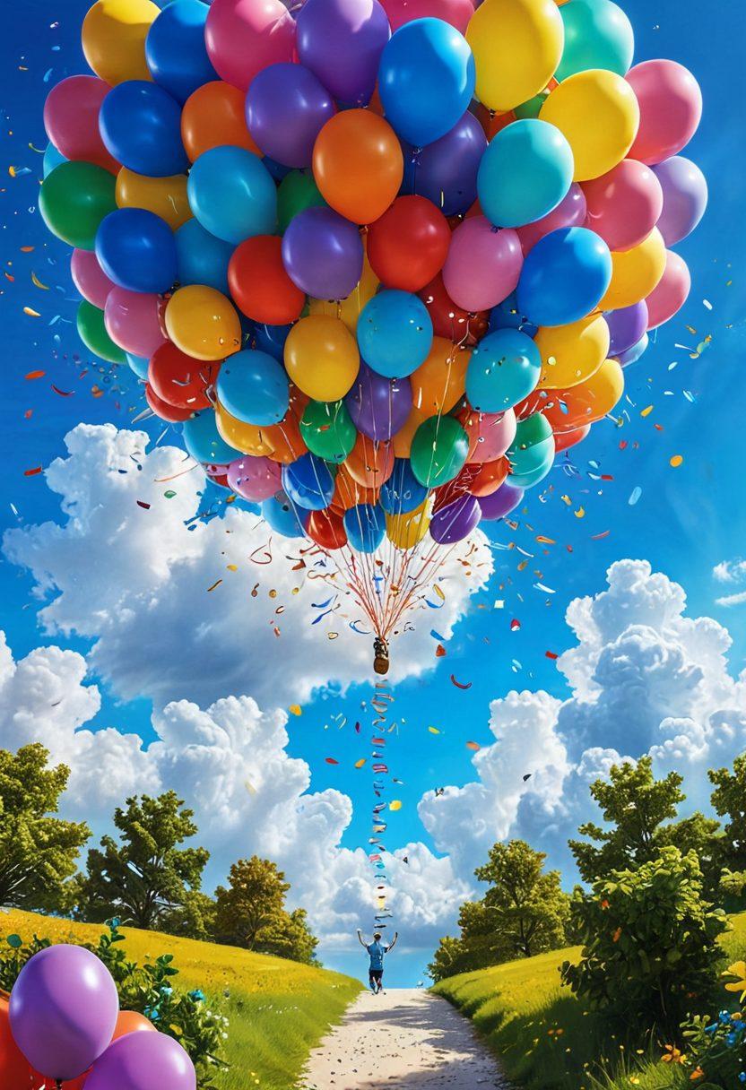 A vibrant and cheerful shaft (like a playful, oversized cartoon prop) surrounded by joyous elements such as balloons, confetti, and colorful rays of sunshine. Incorporate happy characters experiencing uplifting moments around the shaft, showcasing the benefits of positivity and cheerfulness. The background should be a bright blue sky filled with fluffy white clouds. super-realistic. vibrant colors. playful style.